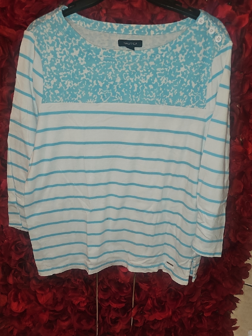 Nautica White and Light Blue Striped Boatneck Top with Patterned Yoke Size XL